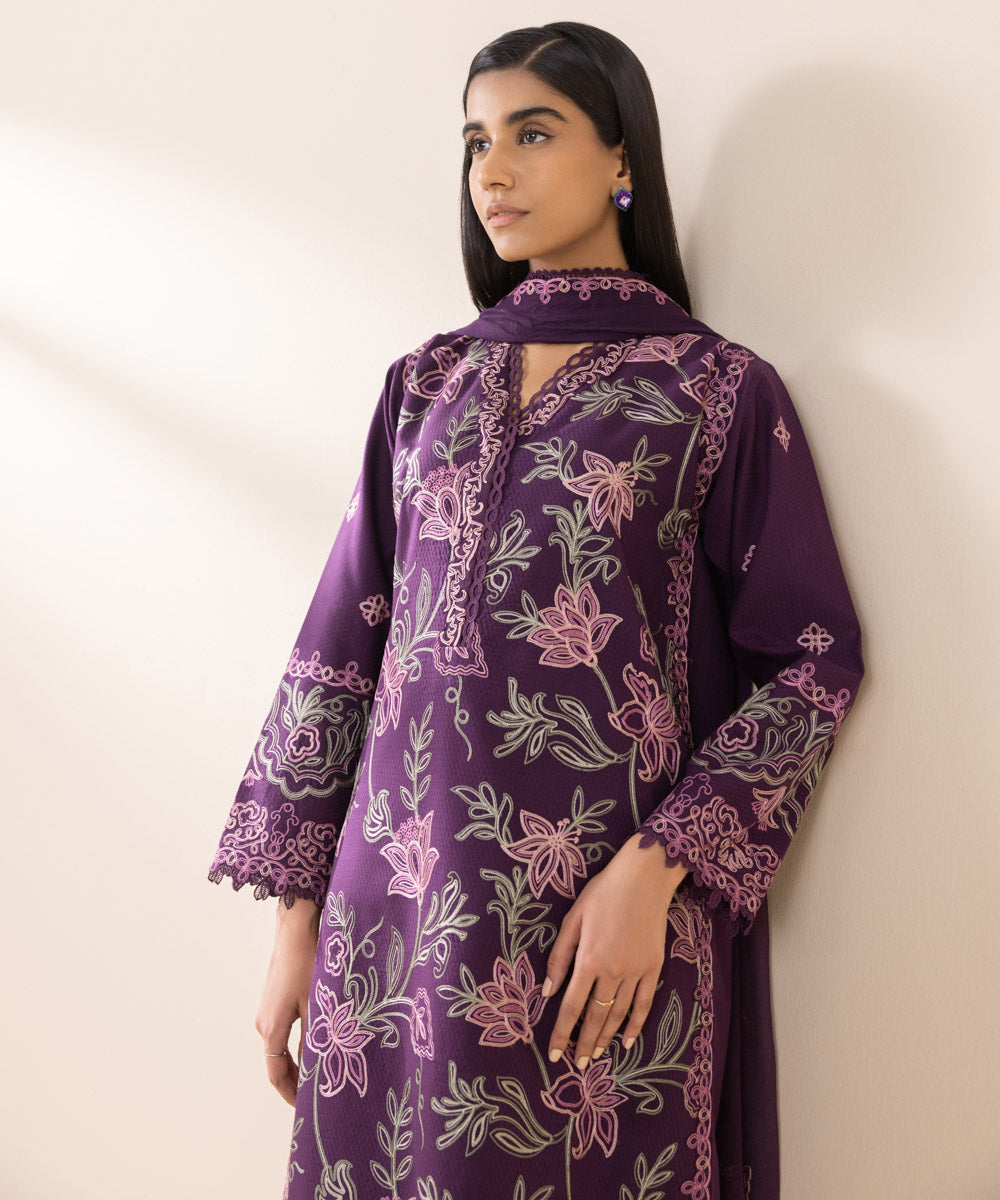 Women's Unstitched Dobby Purple Embroidered 3 Piece Suit