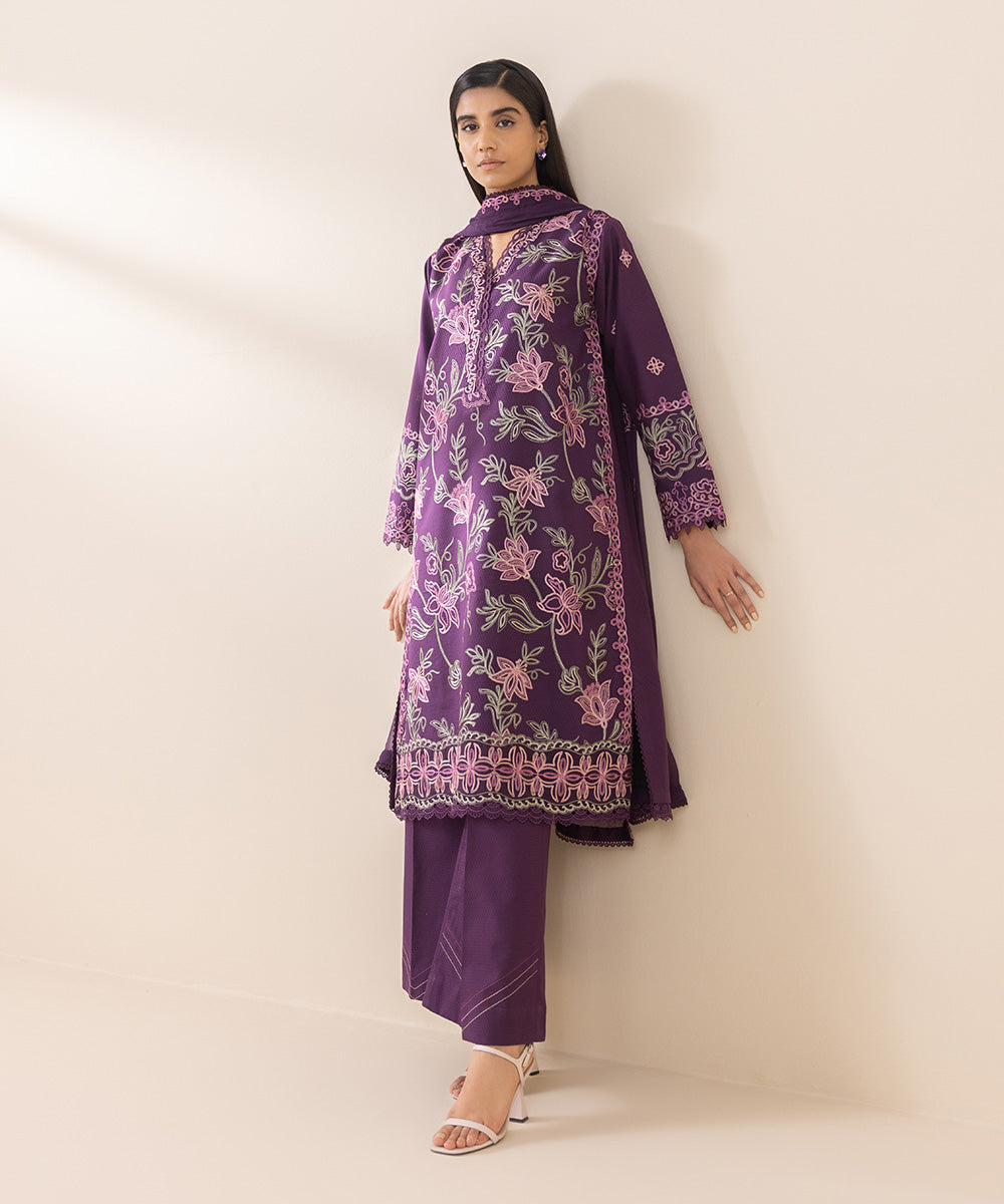 Women's Unstitched Dobby Purple Embroidered 3 Piece Suit