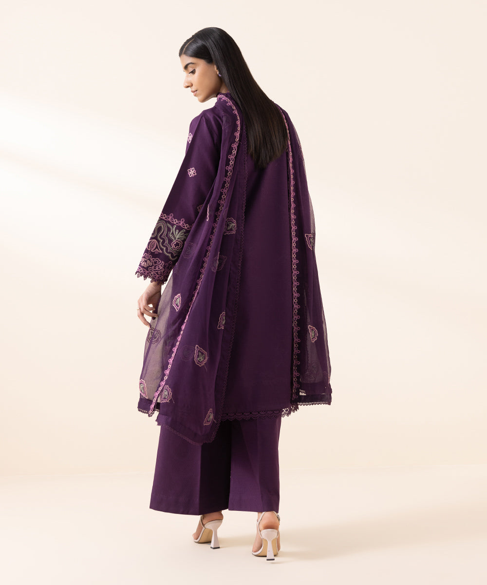 Women's Unstitched Dobby Purple Embroidered 3 Piece Suit