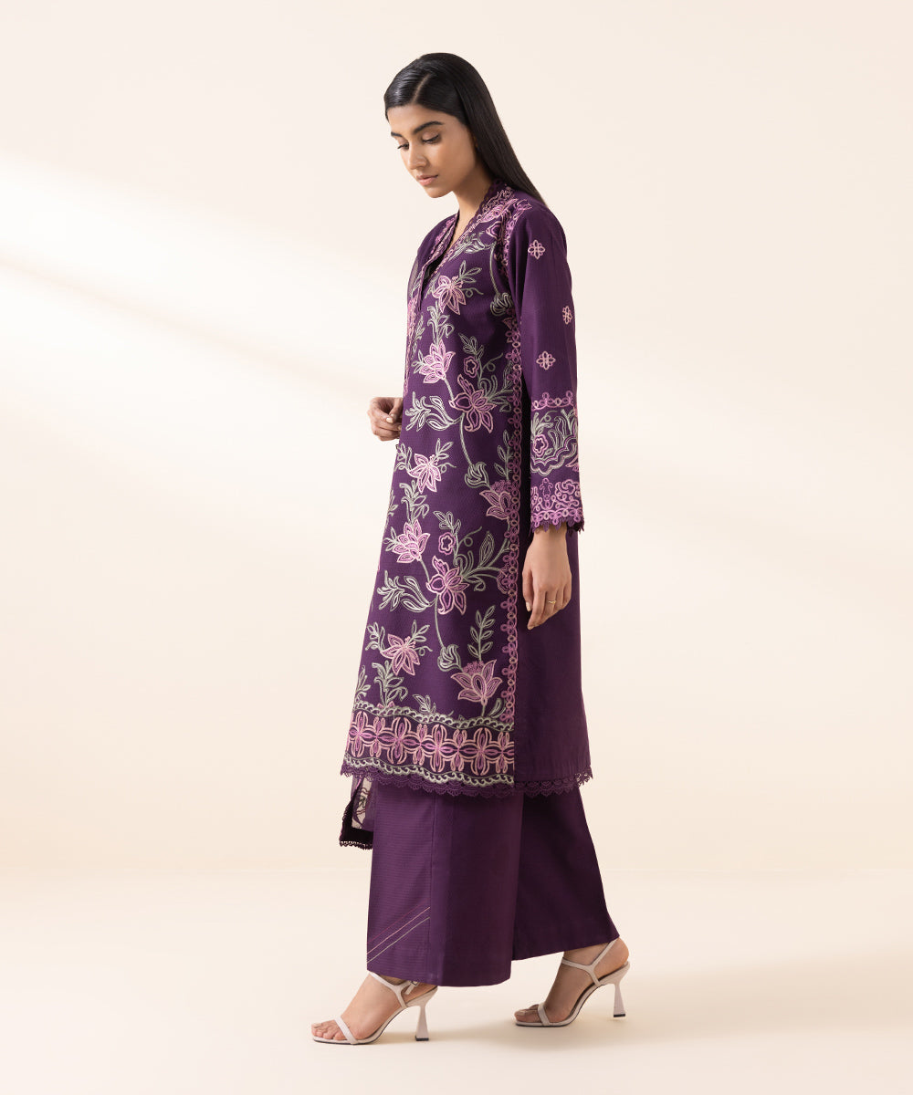 Women's Unstitched Dobby Purple Embroidered 3 Piece Suit