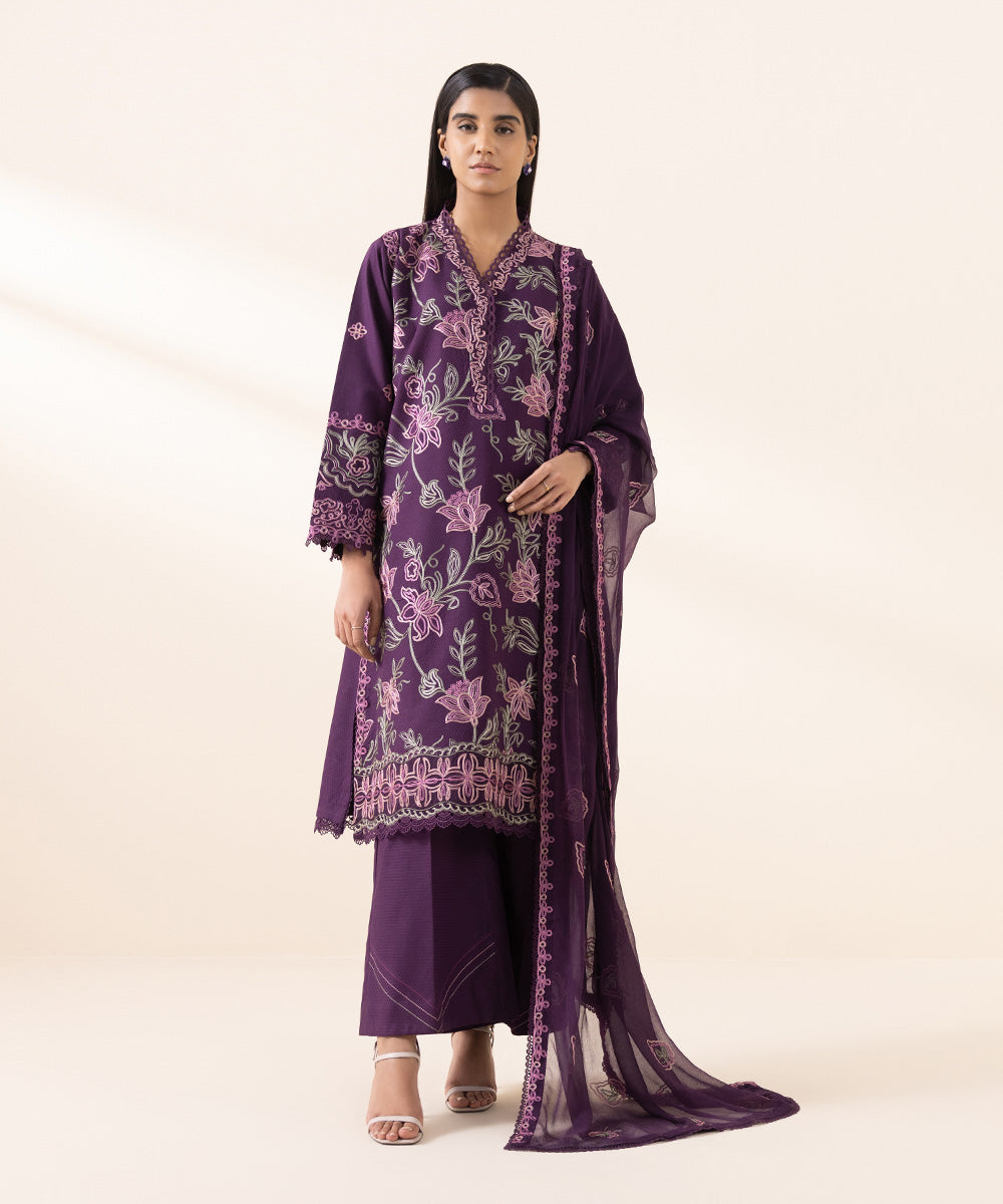 Women's Unstitched Dobby Purple Embroidered 3 Piece Suit