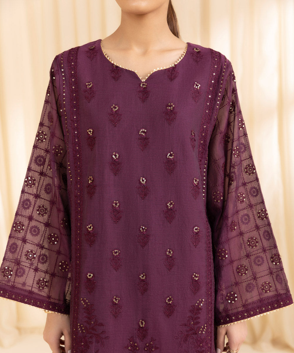 Women's Unstitched Muslin Embroidered Purple 3 Piece Suit