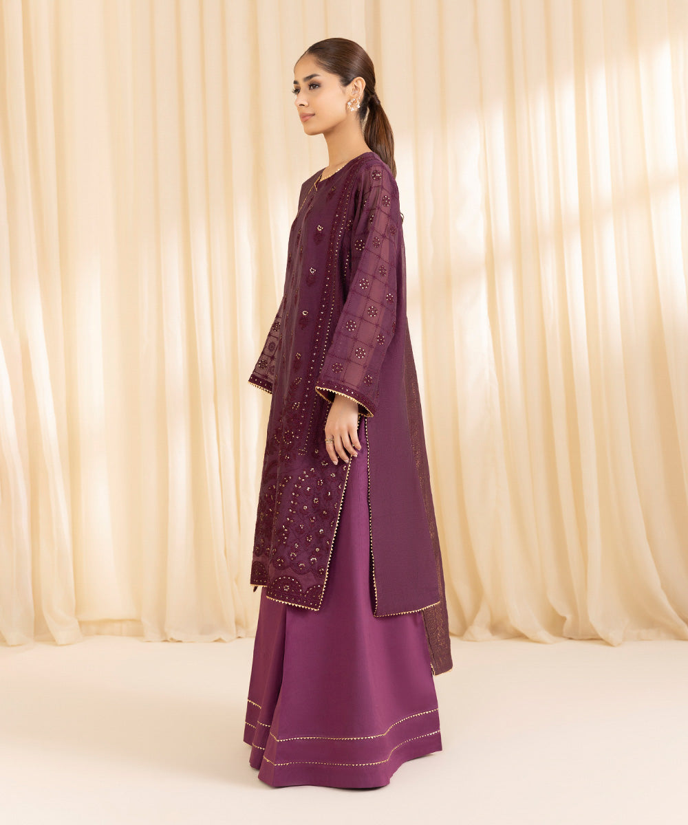 Women's Unstitched Muslin Embroidered Purple 3 Piece Suit