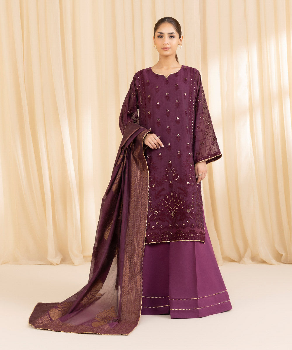 Women's Unstitched Muslin Embroidered Purple 3 Piece Suit