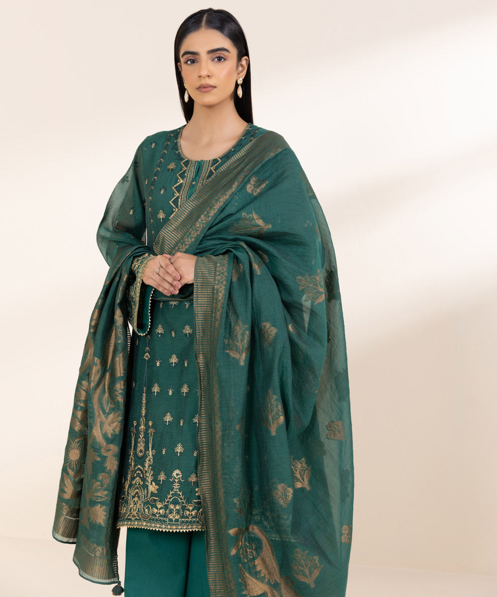 Women's Unstitched Muslin Embroidered Green 3 Piece Suit