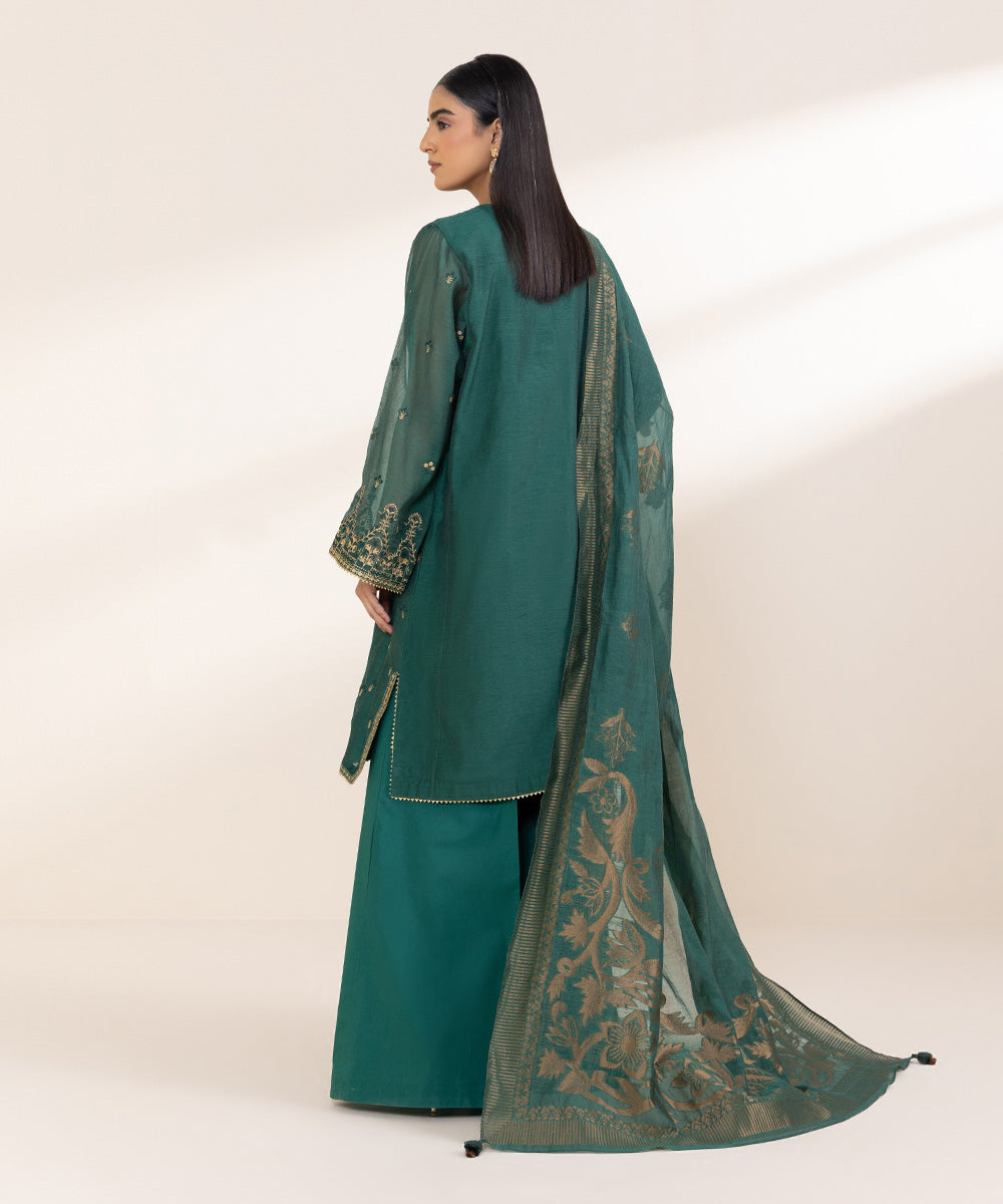 Women's Unstitched Muslin Embroidered Green 3 Piece Suit