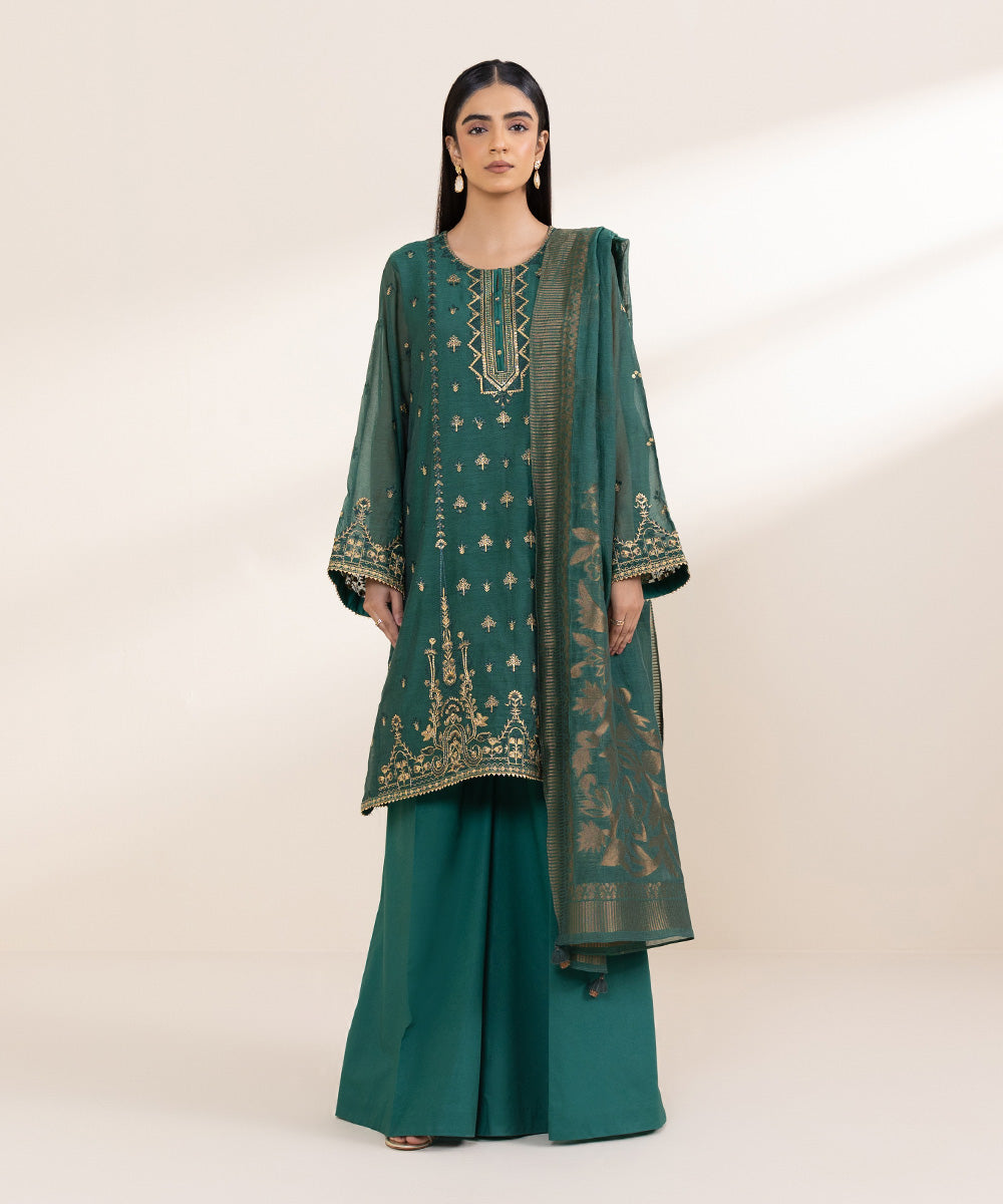 Women's Unstitched Muslin Embroidered Green 3 Piece Suit