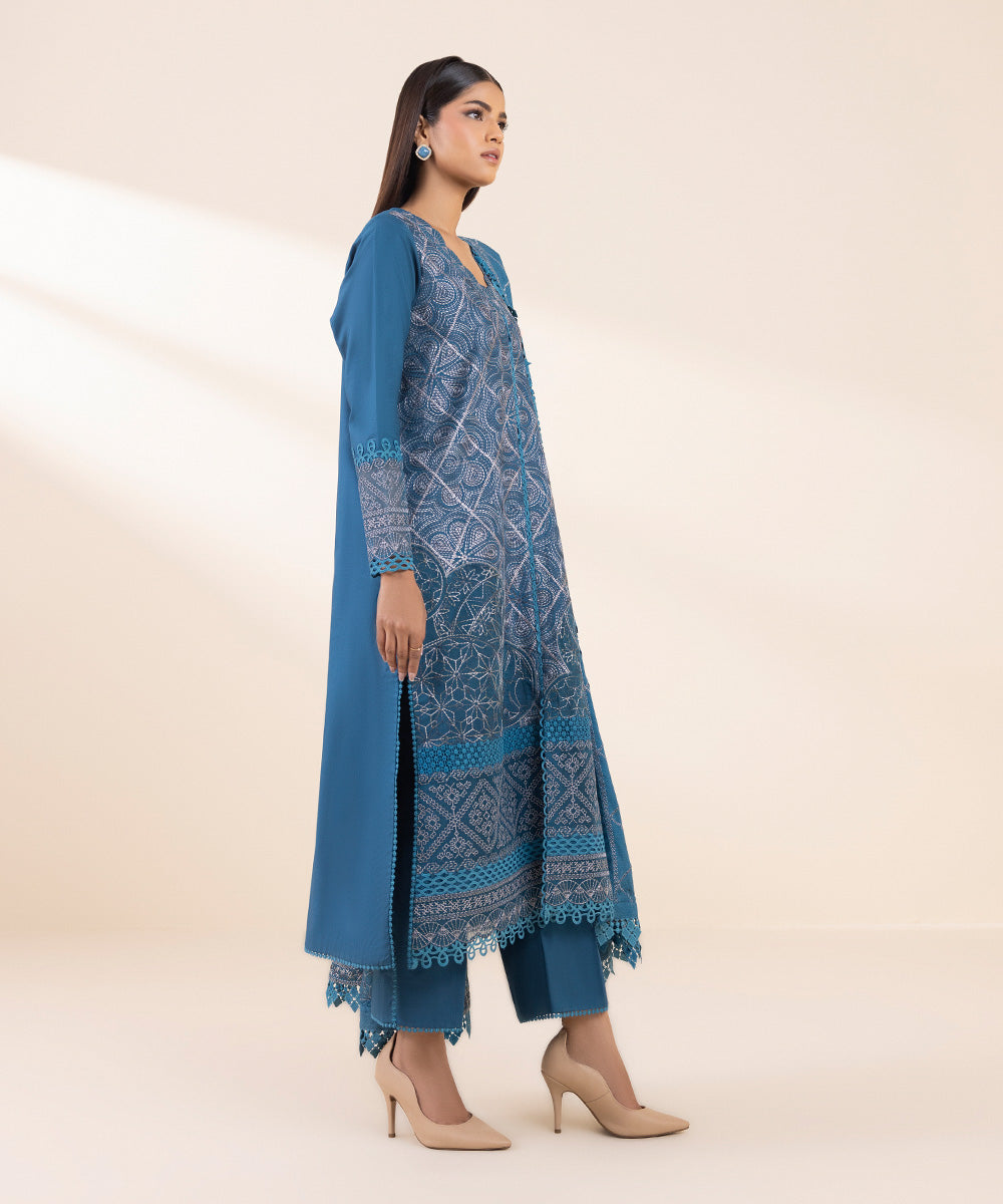 Women's Unstitched Fine Cotton Satin Embroidered Blue 3 Piece Suit