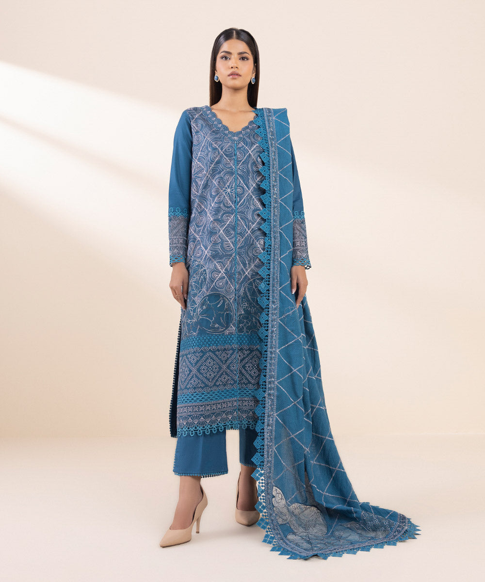 Women's Unstitched Fine Cotton Satin Embroidered Blue 3 Piece Suit