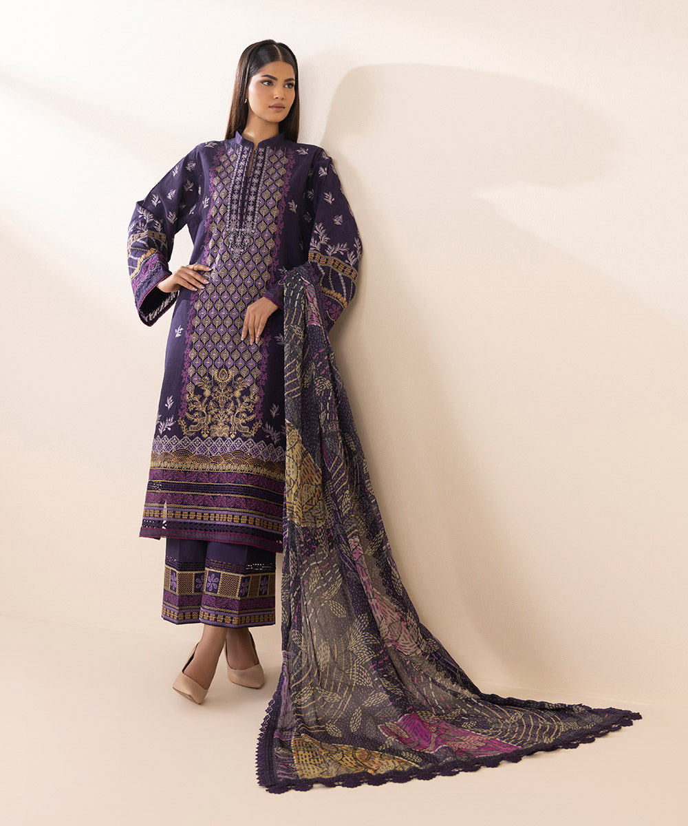 Women's Unstitched Cotton Jacquard Embroidered Purple 3 Piece Suit