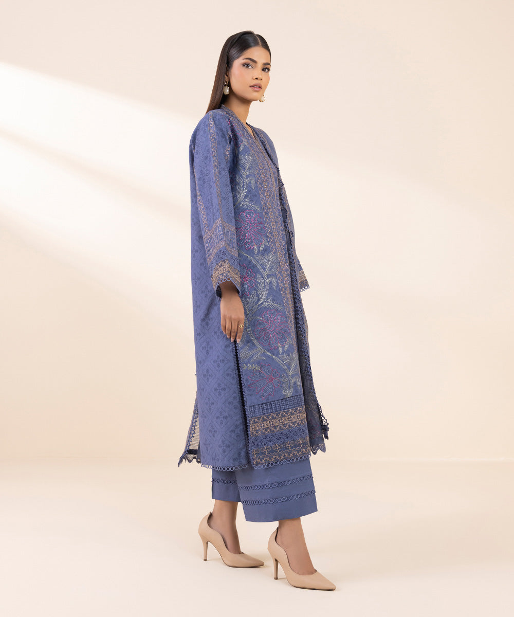 Women's Unstitched Cotton Jacquard Embroidered Blue 3 Piece Suit