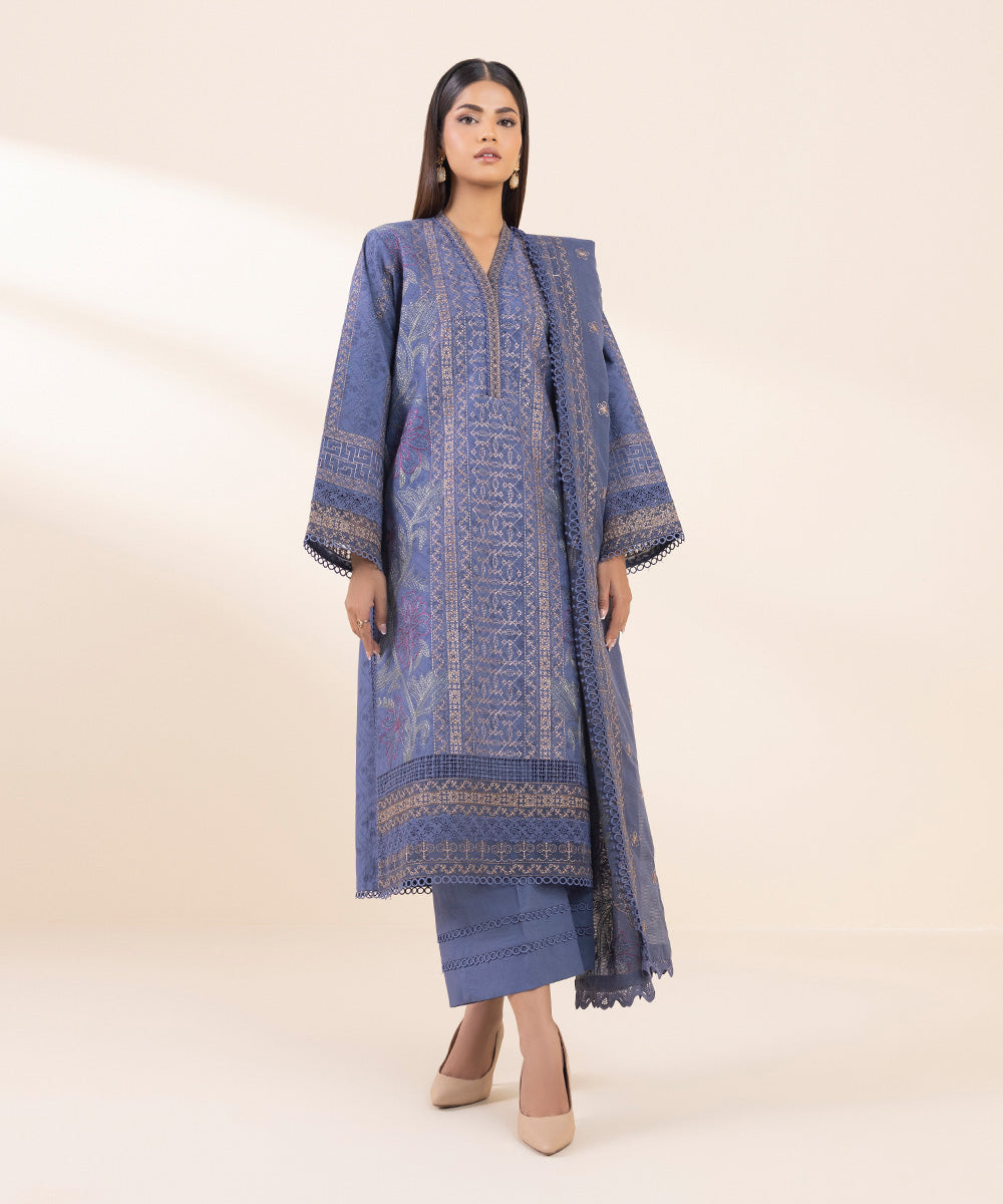 Women's Unstitched Cotton Jacquard Embroidered Blue 3 Piece Suit