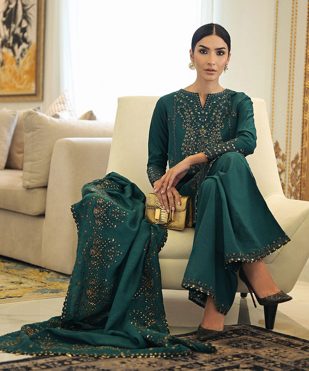 Women's Unstitched Silk Cotton Net Embroidered Green 3 Piece Suit