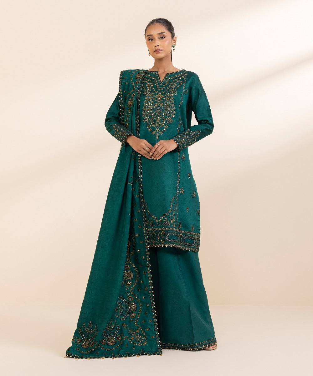 Women's Unstitched Silk Cotton Net Embroidered Green 3 Piece Suit