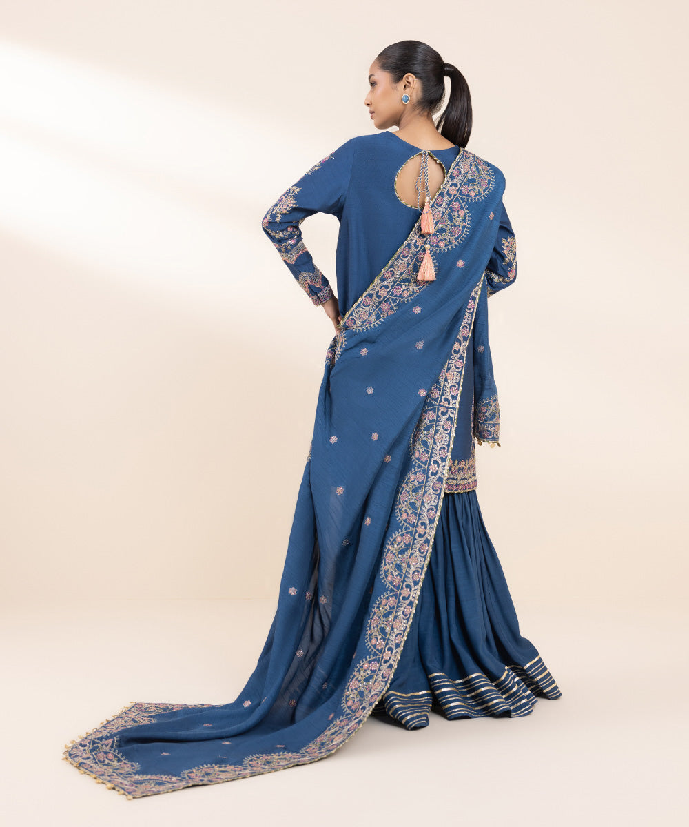 Women's Unstitched Silk Cotton Net Embroidered Blue 3 Piece Suit