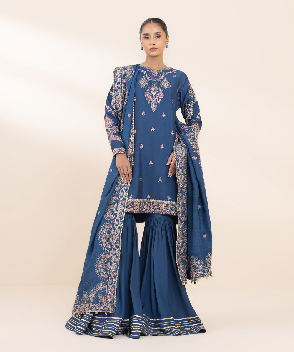 Women's Unstitched Silk Cotton Net Embroidered Blue 3 Piece Suit