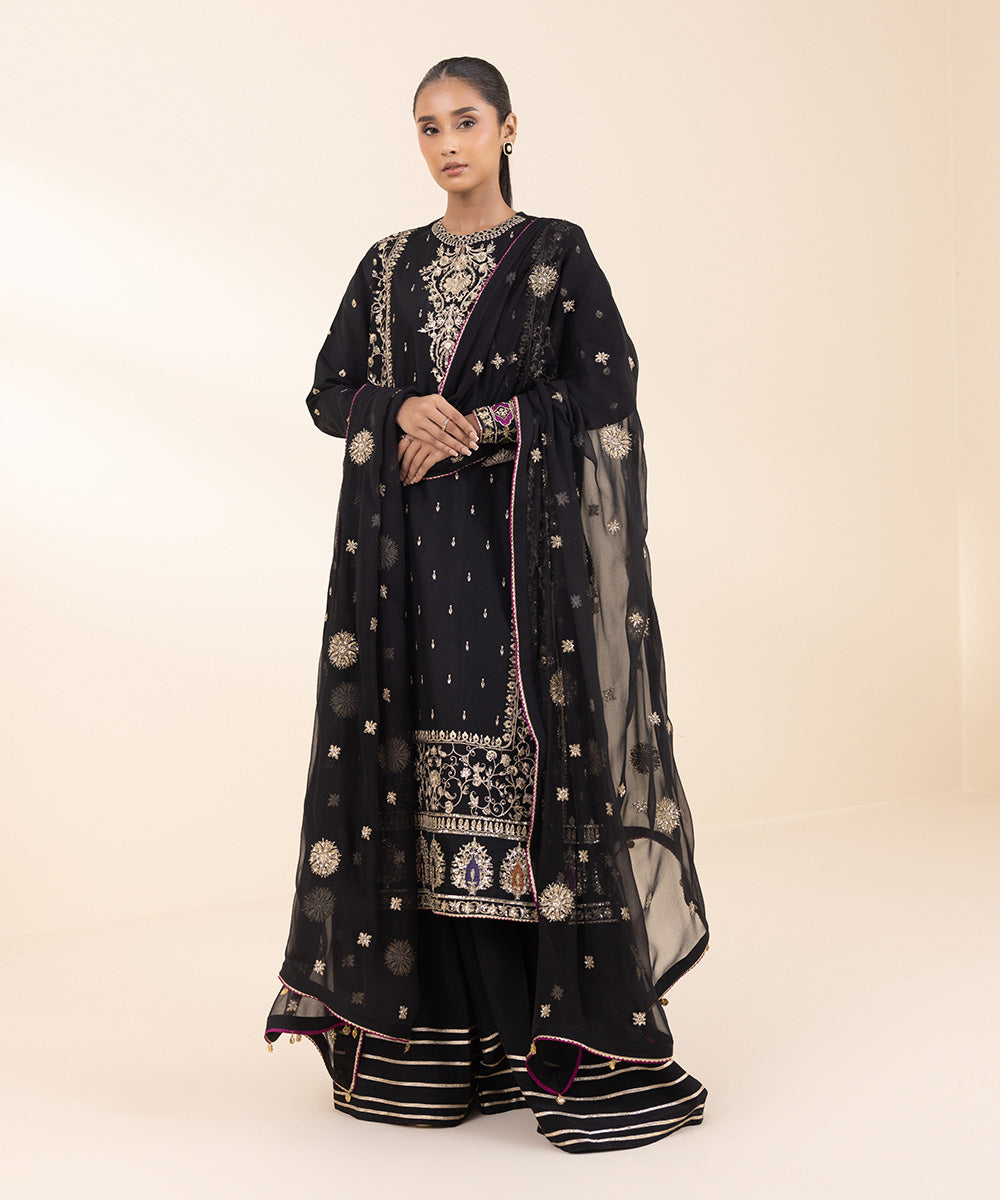 Women's Unstitched Silk Cotton Net Embroidered Black 3 Piece Suit