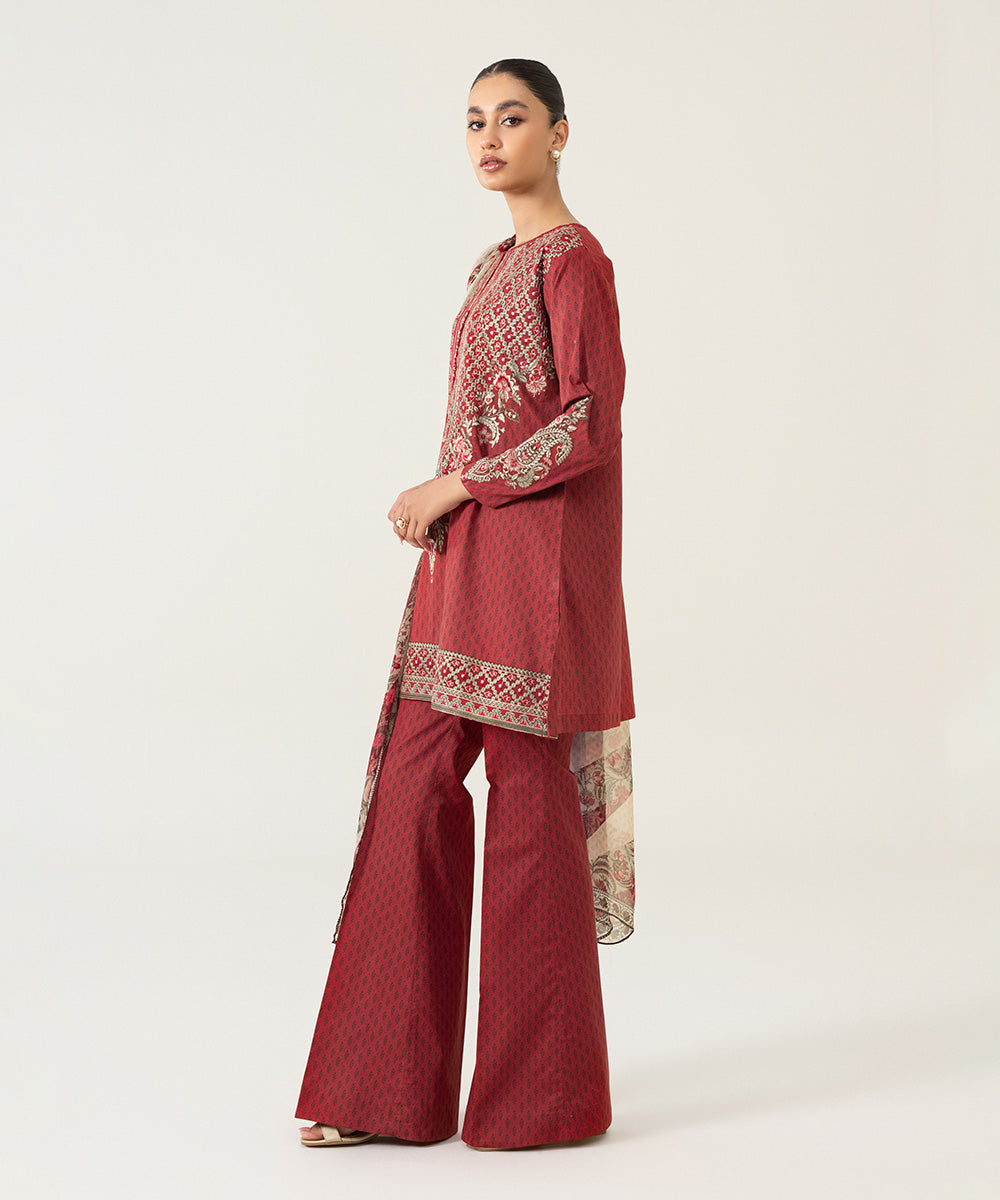 Unstitched Women's Embroidered Lawn Wine Red 3 Piece Suit