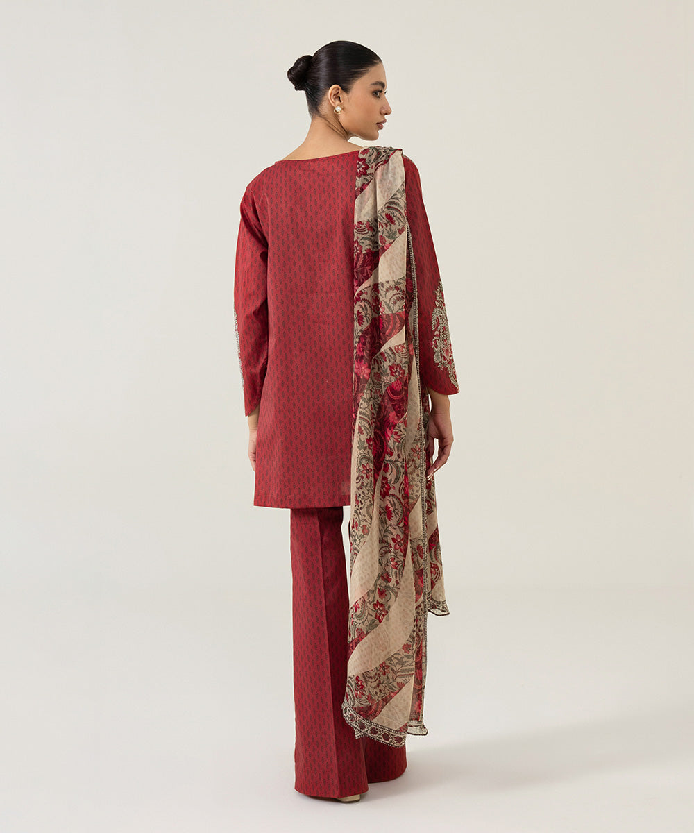 Unstitched Women's Embroidered Lawn Wine Red 3 Piece Suit
