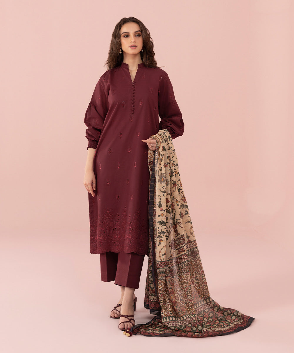 Women's Unstitched Embroidered Cambric Maroon 3 Piece Suit