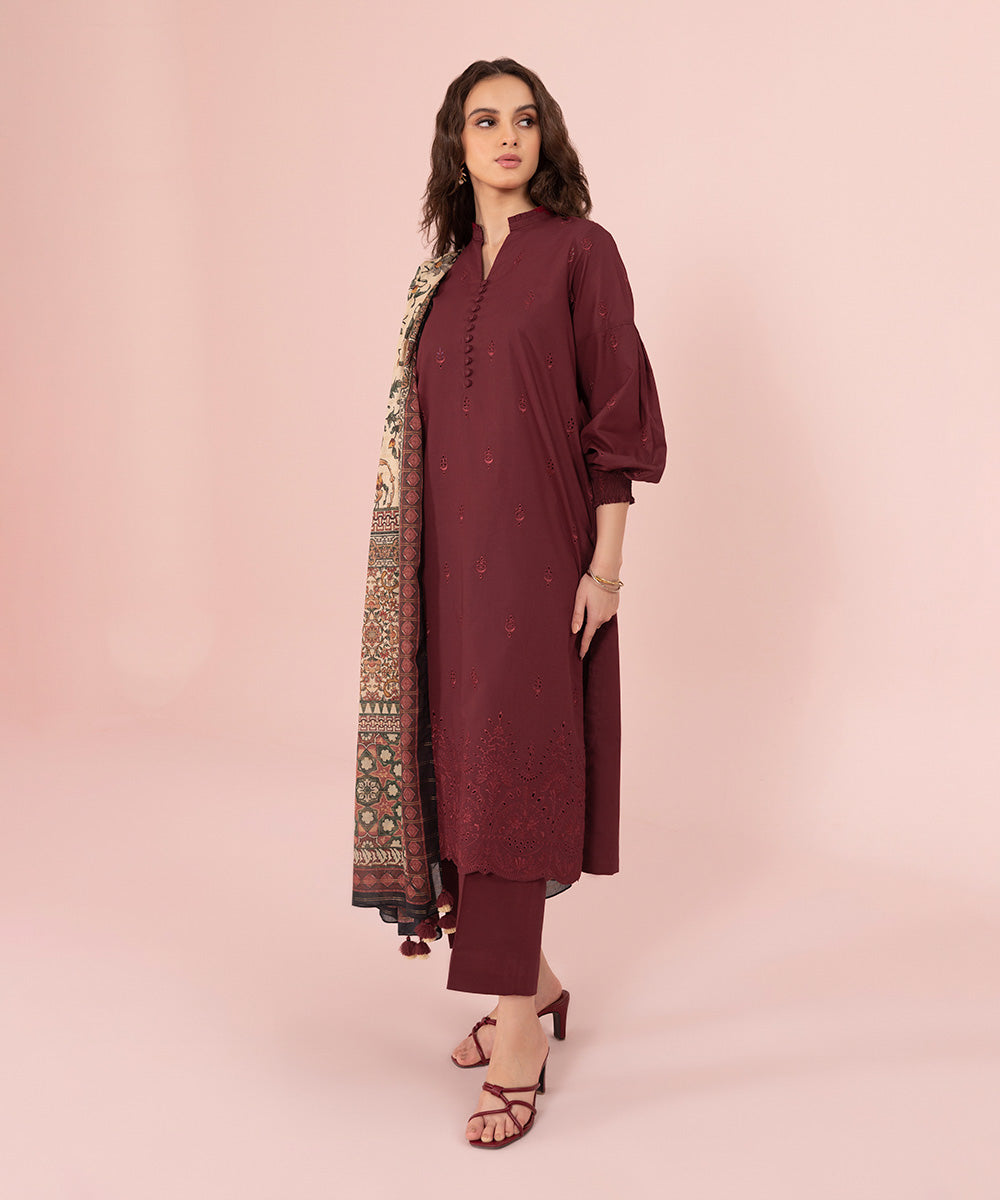 Women's Unstitched Embroidered Cambric Maroon 3 Piece Suit