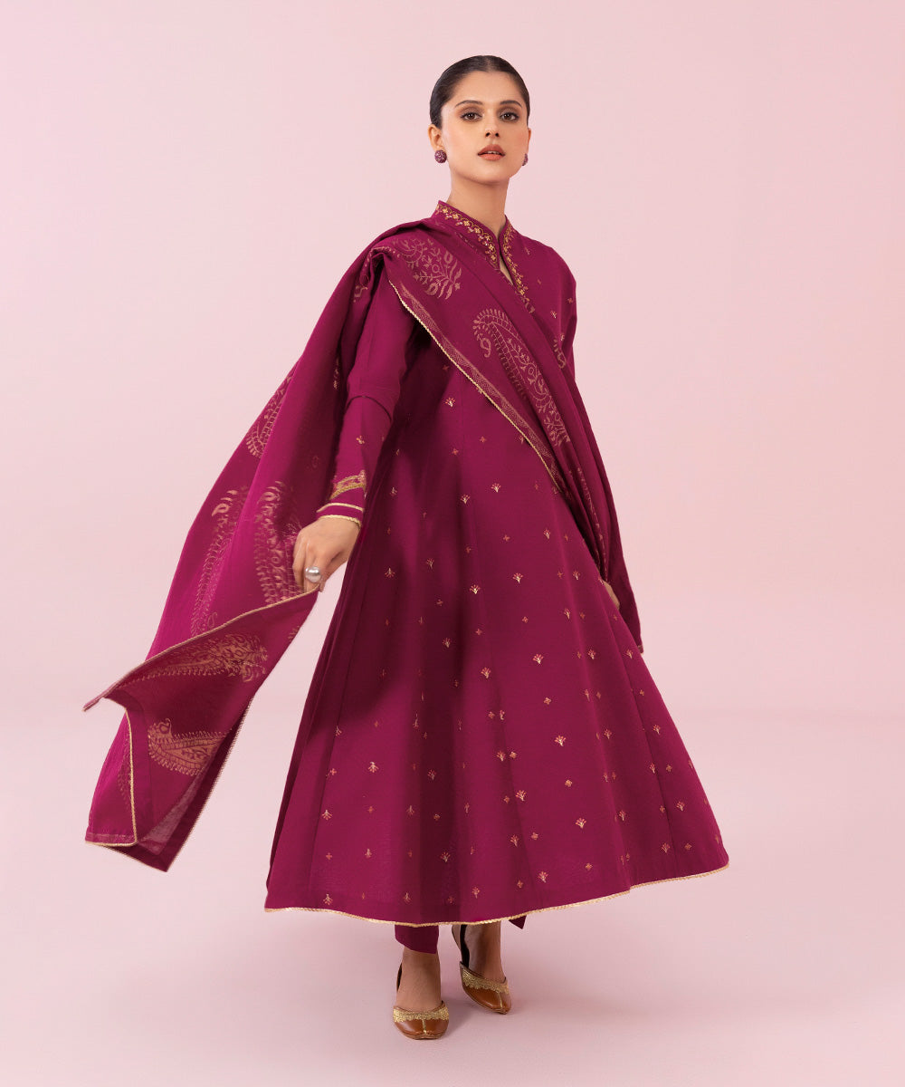 Women's Unstitched Embroidered Dobby Magenta 3 Piece Suit