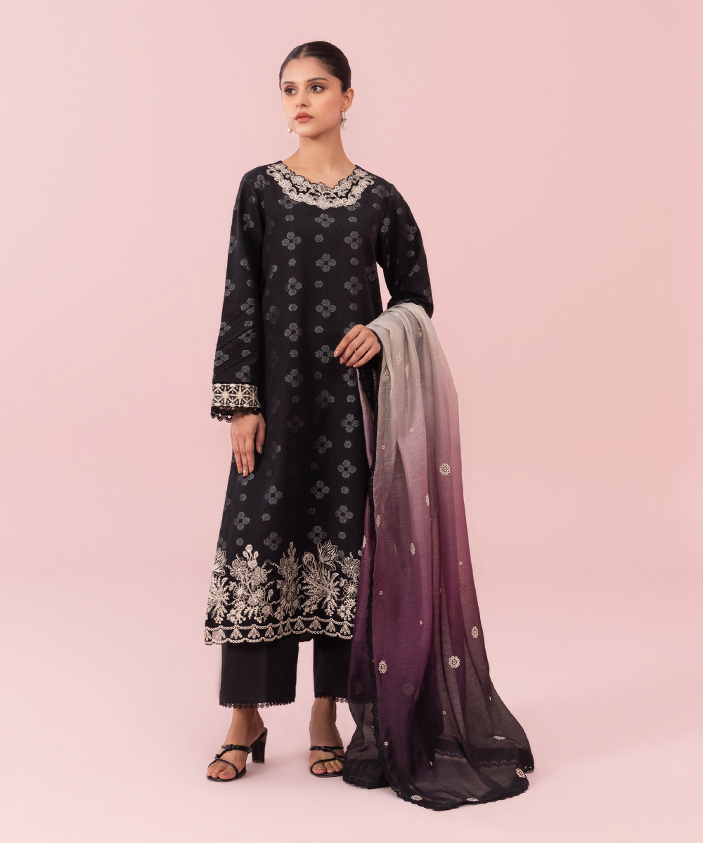 Women's Unstitched Embroidered Extra Weft Jacquard Black 3 Piece Suit