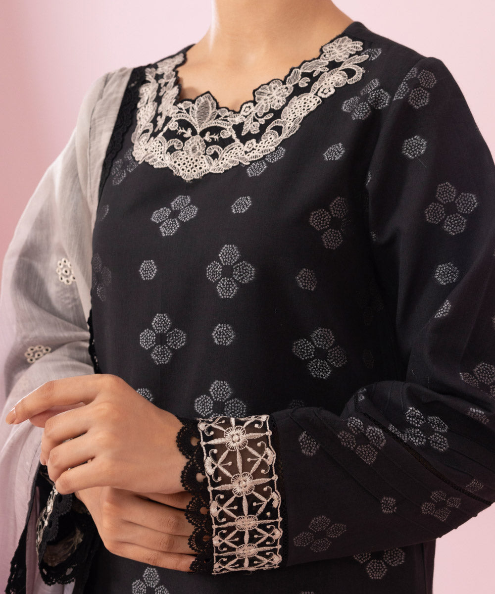 Women's Unstitched Embroidered Extra Weft Jacquard Black 3 Piece Suit