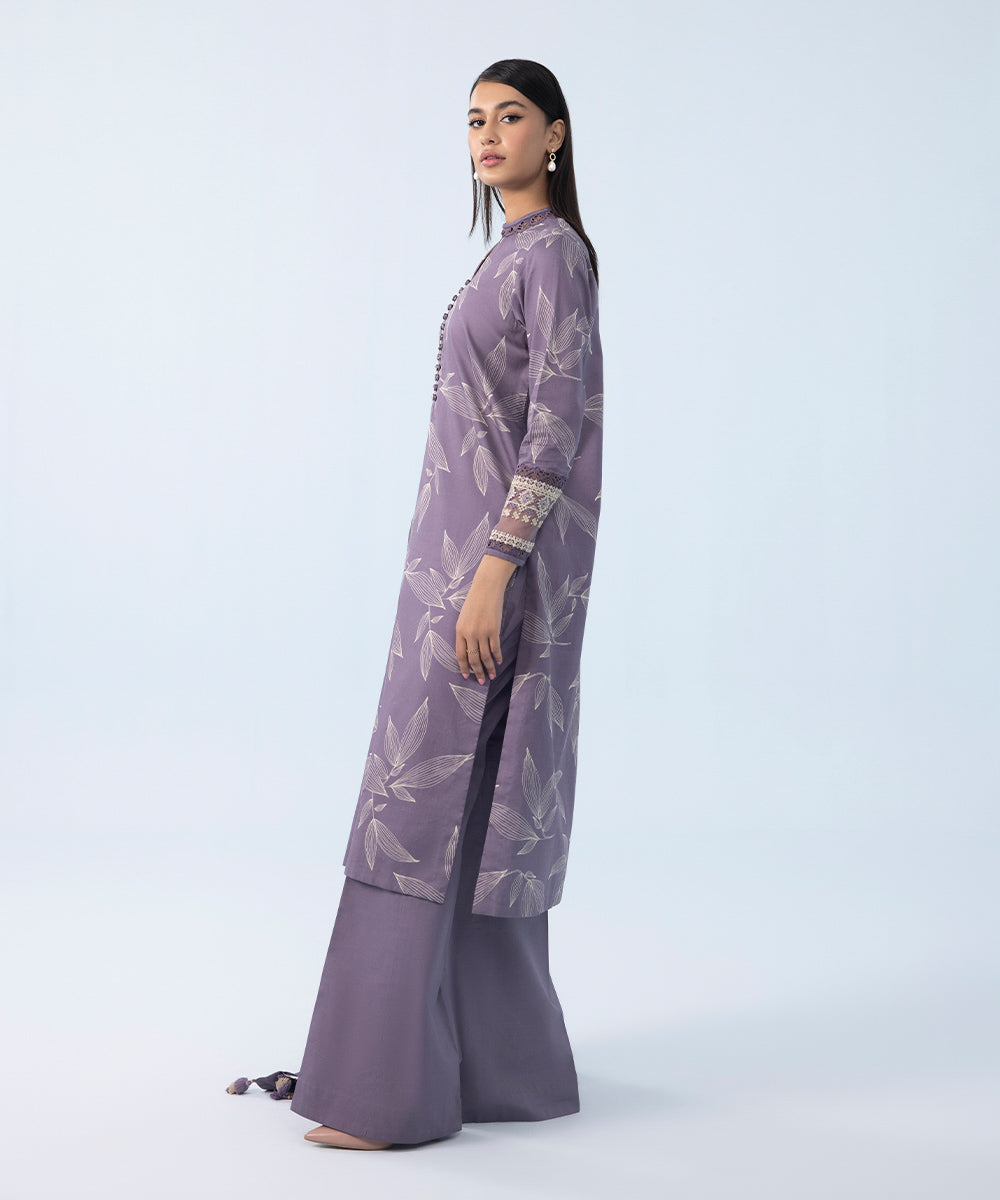 Women's Winter Unstitched Embroidered Fine Cotton Satin Purple 3 Piece Suit