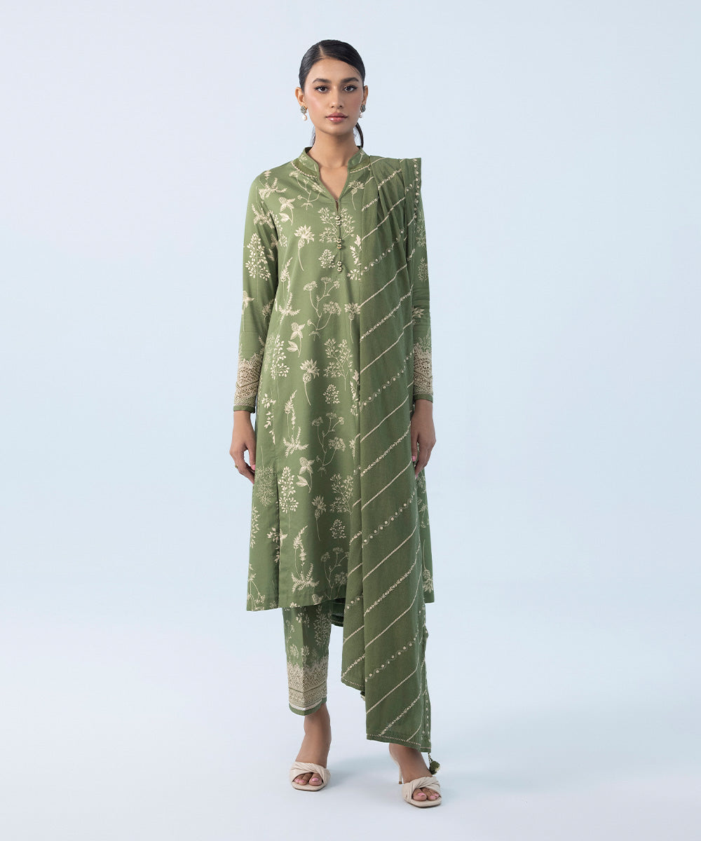 Women's Winter Unstitched Embroidered Fine Cotton Satin Green 3 Piece Suit