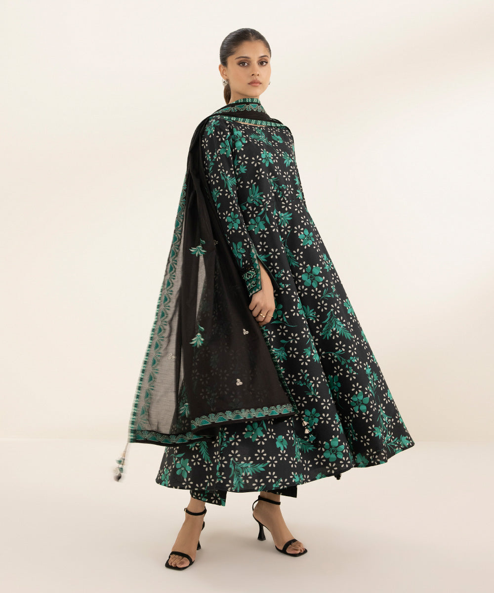 Women's Unstitched Lawn Printed Embroidered Black 3 Piece Suit