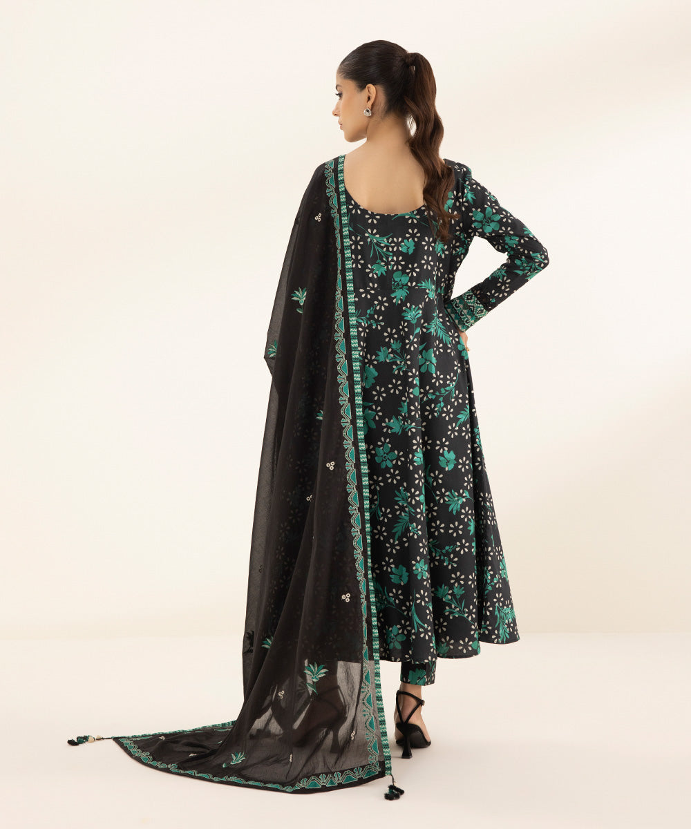 Women's Unstitched Lawn Printed Embroidered Black 3 Piece Suit