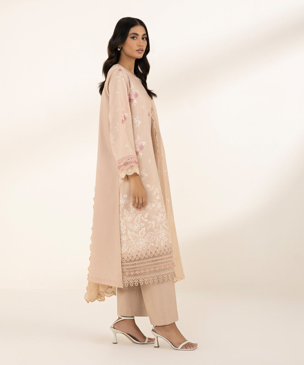 Women's Unstitched Lawn Embroidered Beige 3 Piece Suit