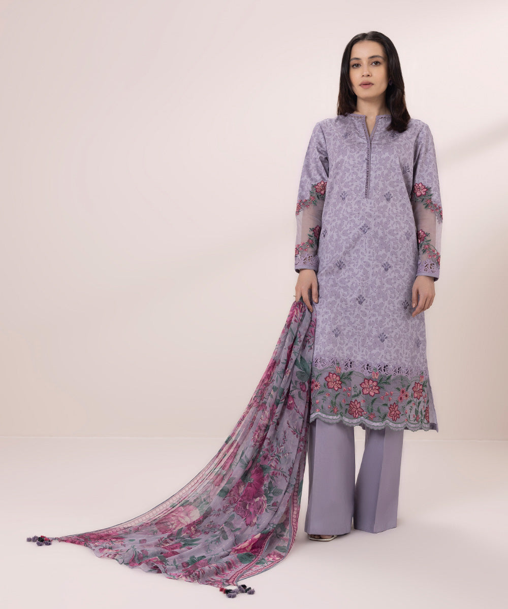 Women's Unstitched Fine Cotton Satin Embroidered Purple 3 Piece Suit