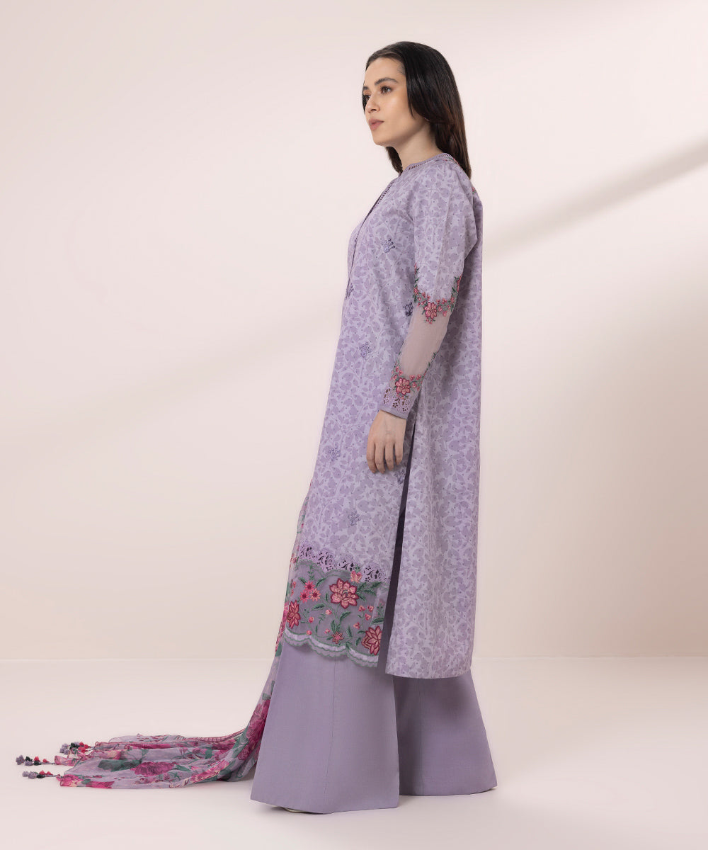 Women's Unstitched Fine Cotton Satin Embroidered Purple 3 Piece Suit