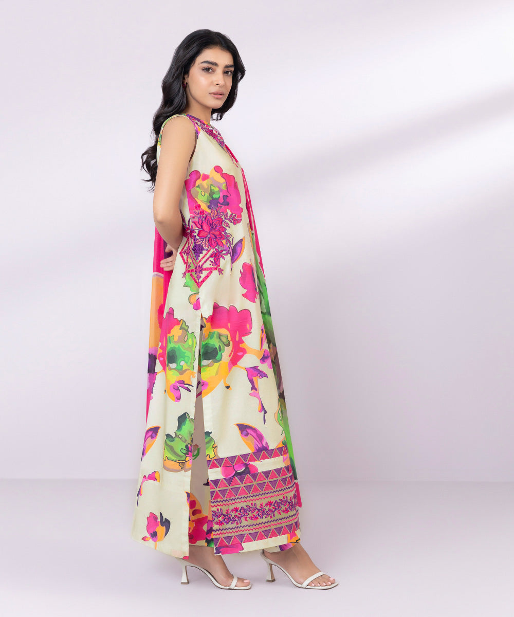 Women's Unstitched Lawn Embroidered Off White and Multi 3 Piece Suit