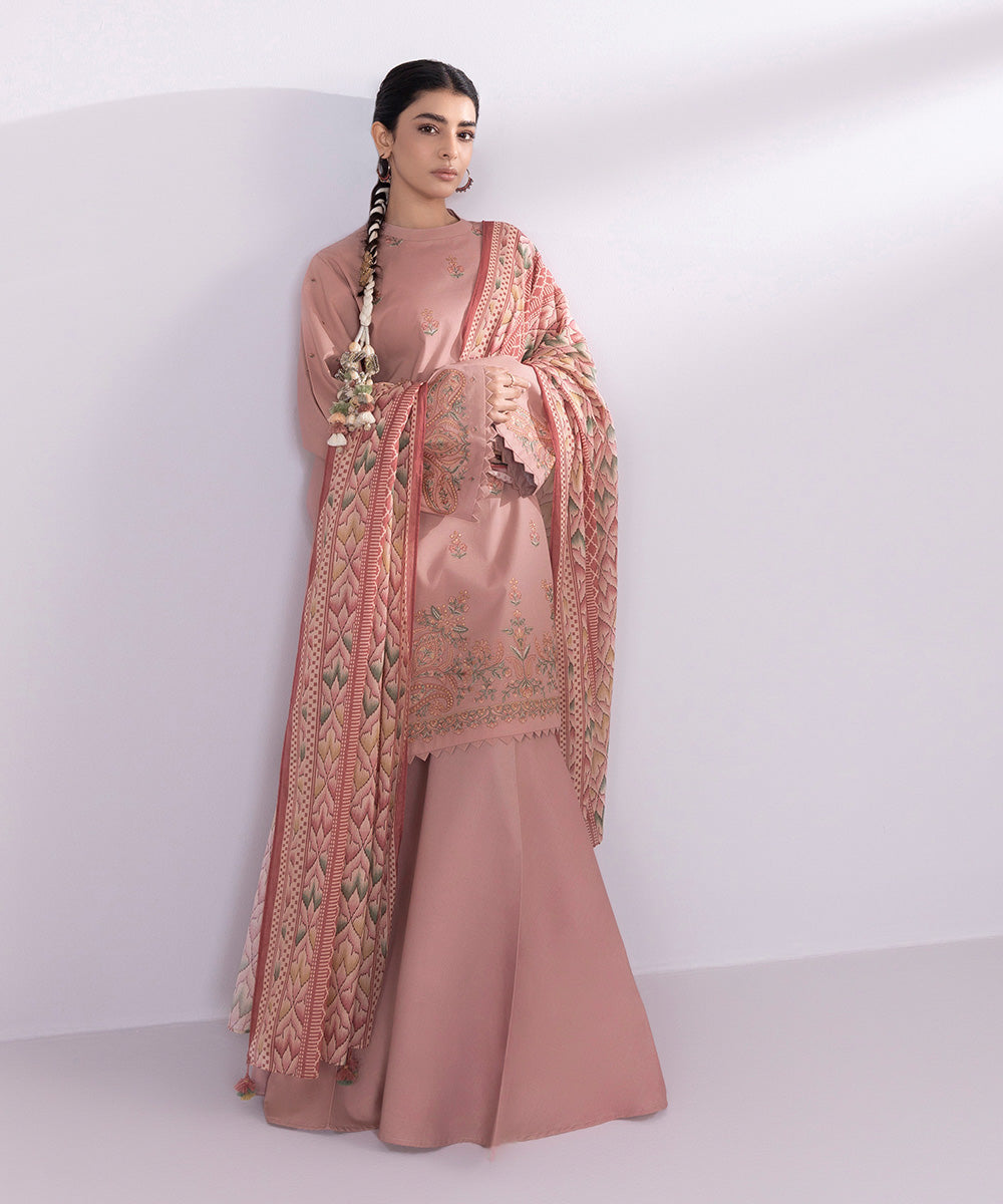 Women's Unstitched Lawn Embroidered Tea Pink 3 Piece Suit