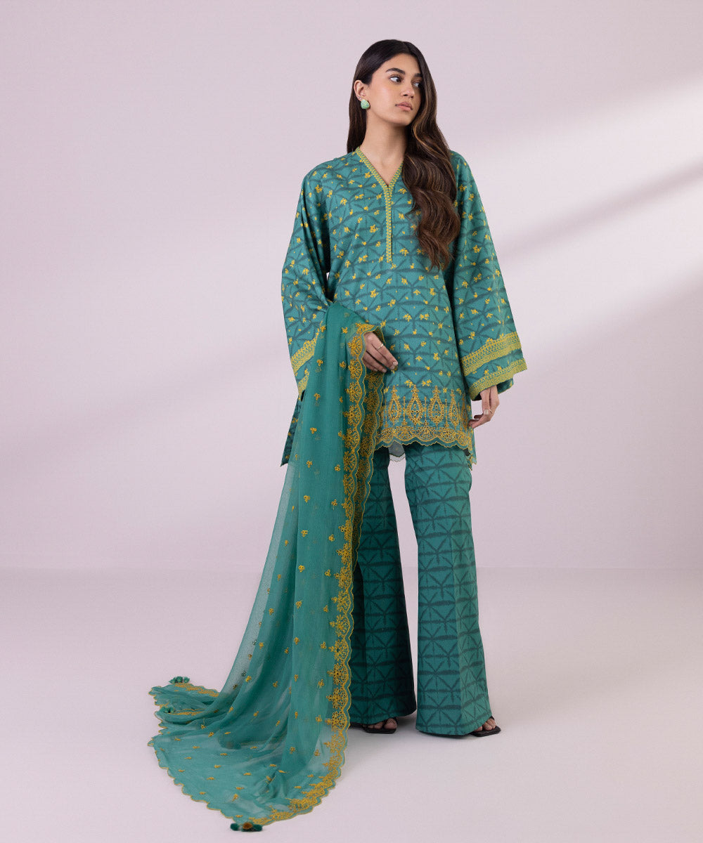 Women's Unstitched Lawn Embroidered Primal Green 3 Piece Suit