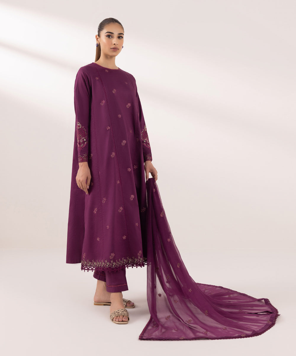 Women's Unstitched Cambric Embroidered Purple 3 Piece Suit