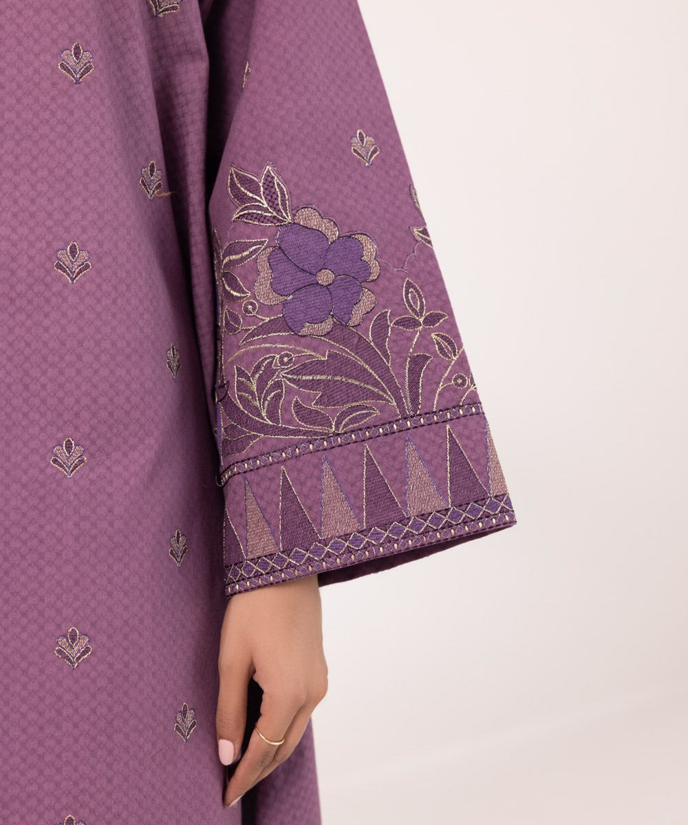 Women's Unstitched Dobby Embroidered Purple 3 Piece Suit