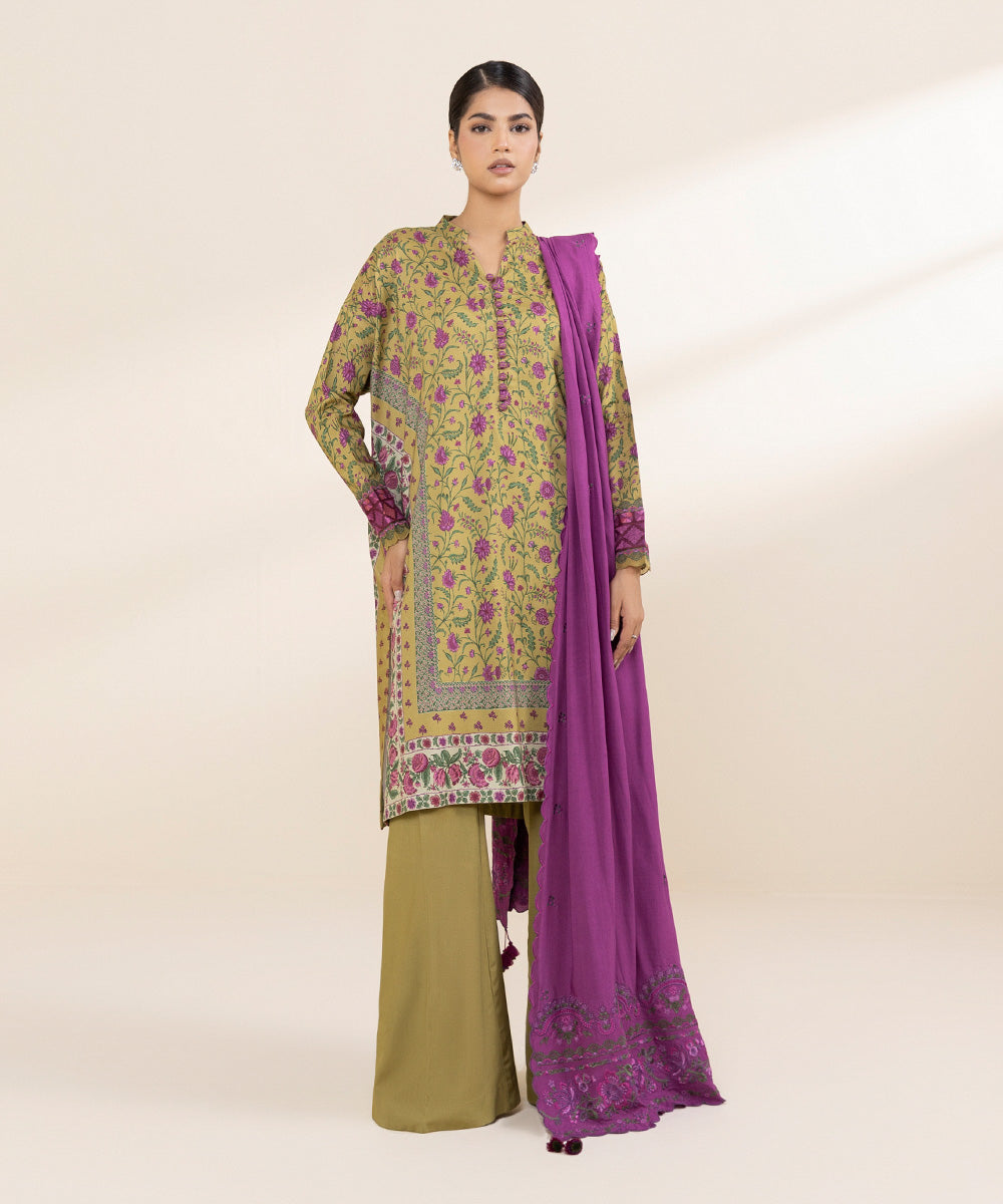 Women's Unstitched Linen Multi Embroidered 3 Piece Suit