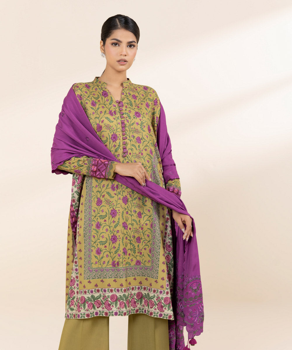 Women's Unstitched Linen Multi Embroidered 3 Piece Suit