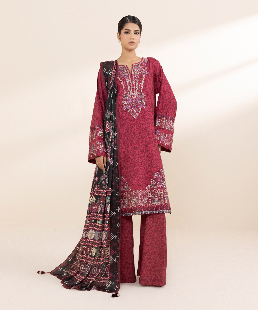 Women's Unstitched Linen Pink Embroidered 3 Piece Suit