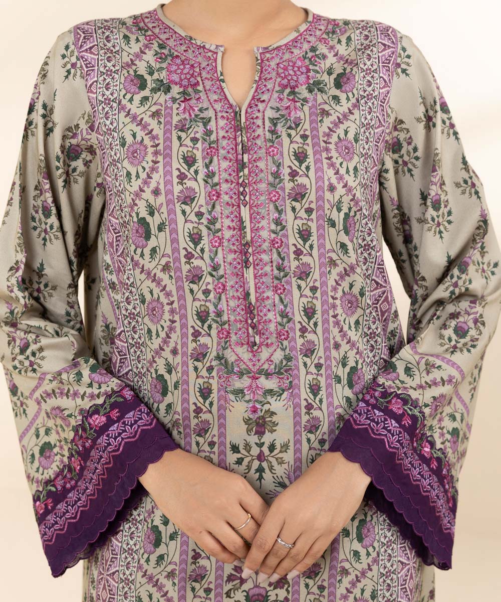 Women's Unstitched Linen Purple Embroidered 3 Piece Suit