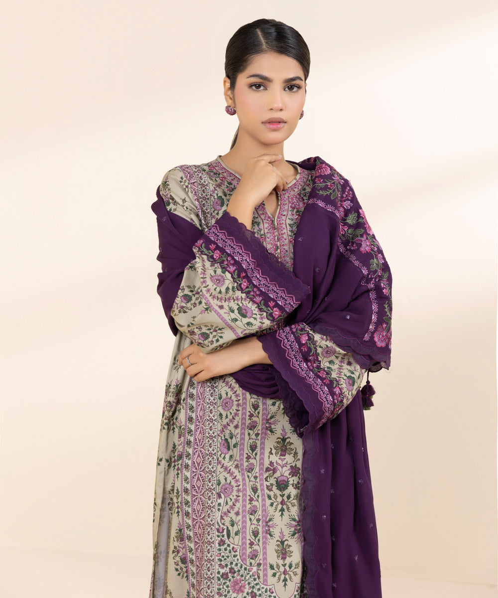 Women's Unstitched Linen Purple Embroidered 3 Piece Suit