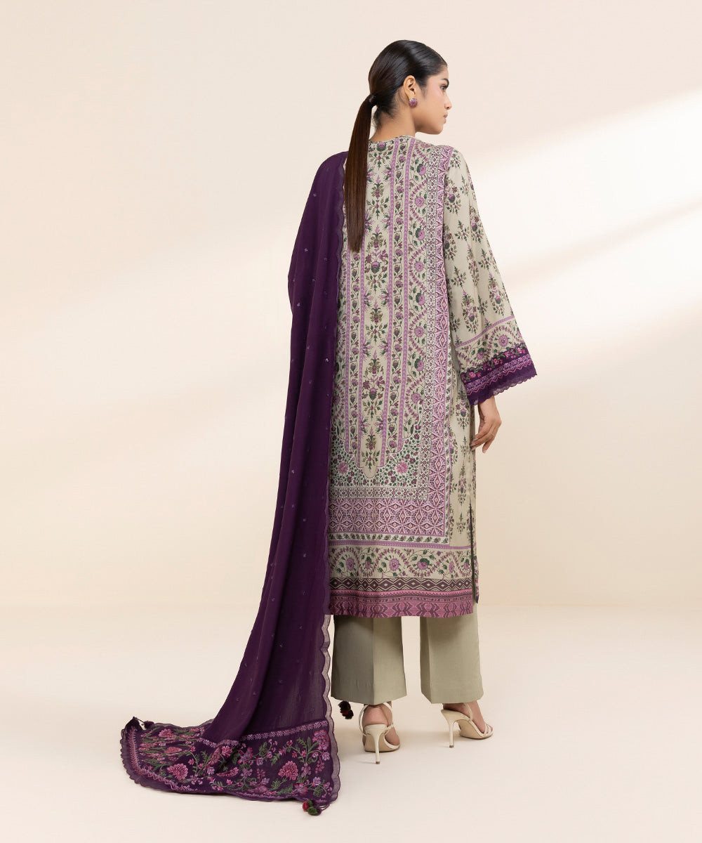 Women's Unstitched Linen Purple Embroidered 3 Piece Suit