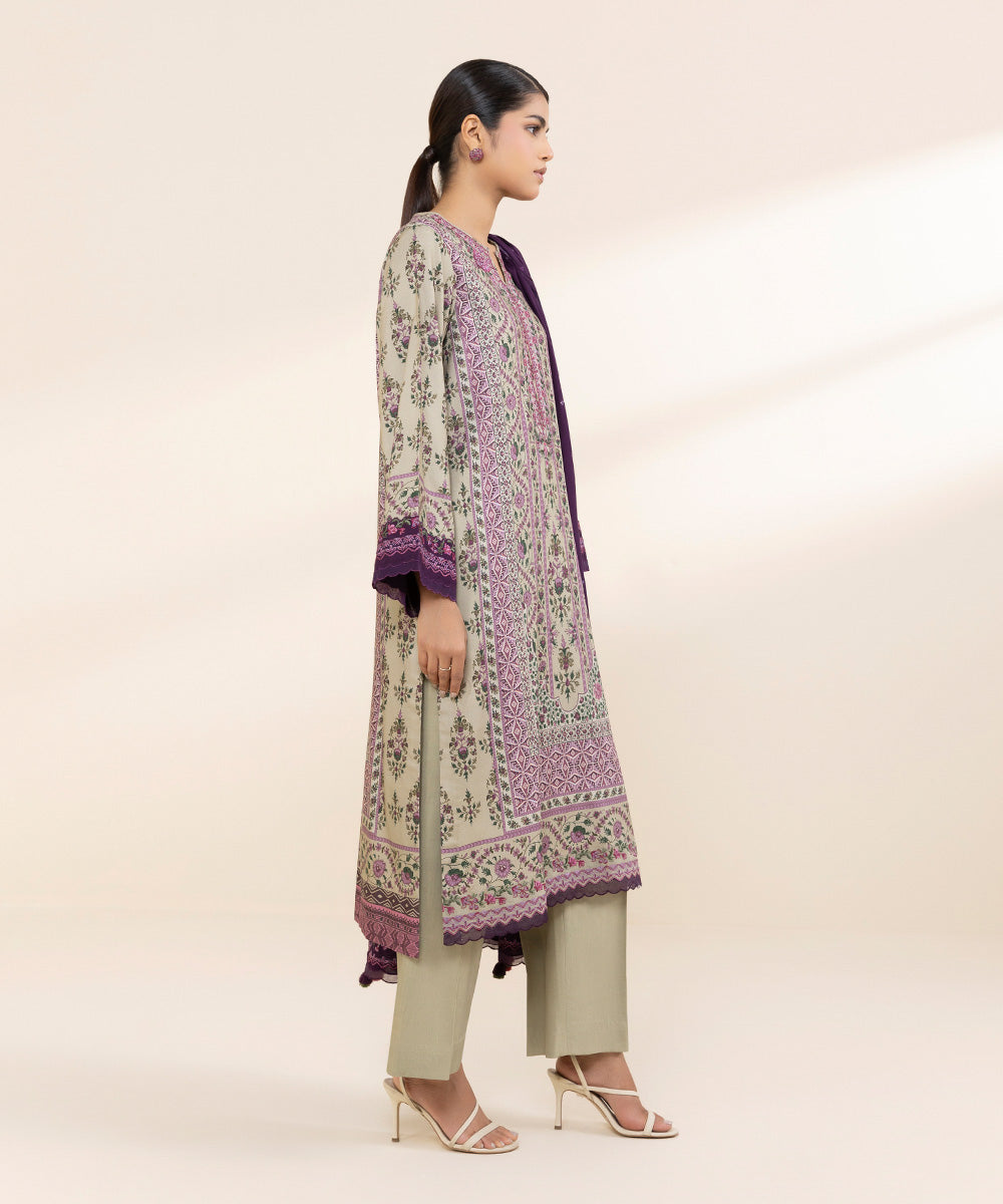 Women's Unstitched Linen Purple Embroidered 3 Piece Suit