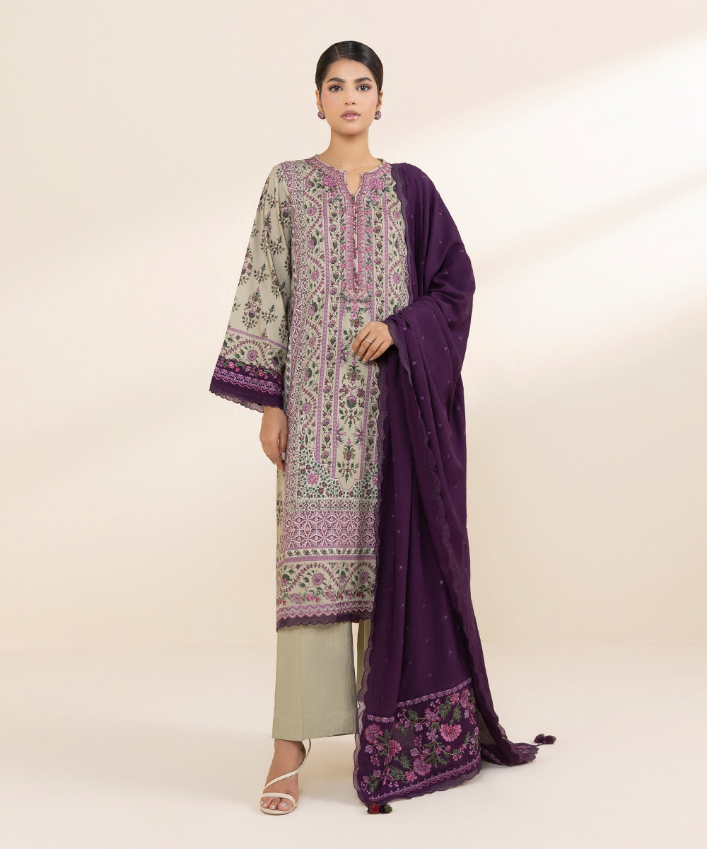 Women's Unstitched Linen Purple Embroidered 3 Piece Suit