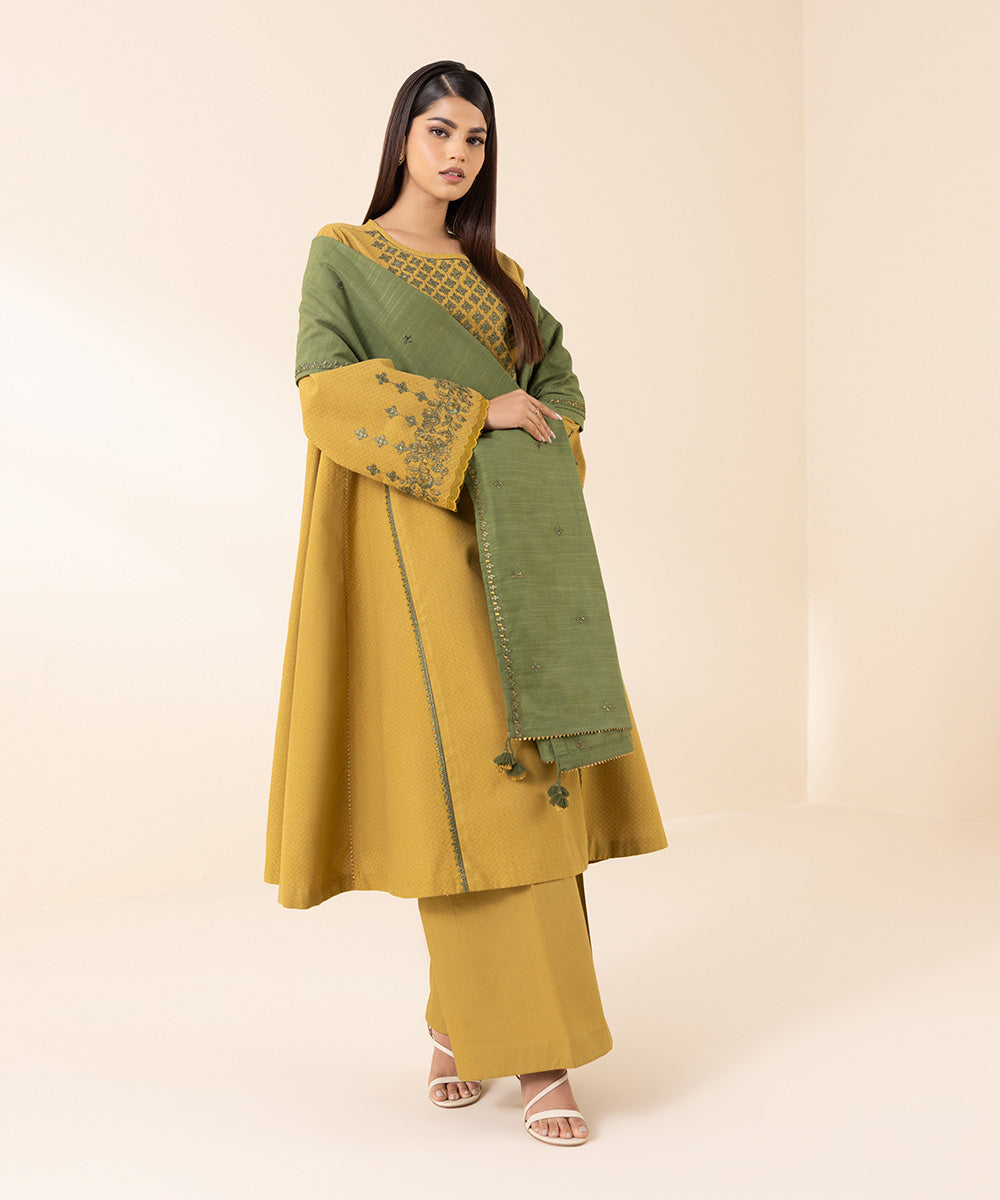 Women's Unstitched Dobby Yellow Embroidered 3 Piece Suit