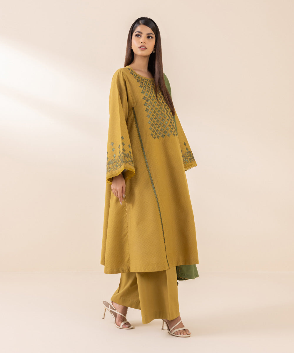 Women's Unstitched Dobby Yellow Embroidered 3 Piece Suit